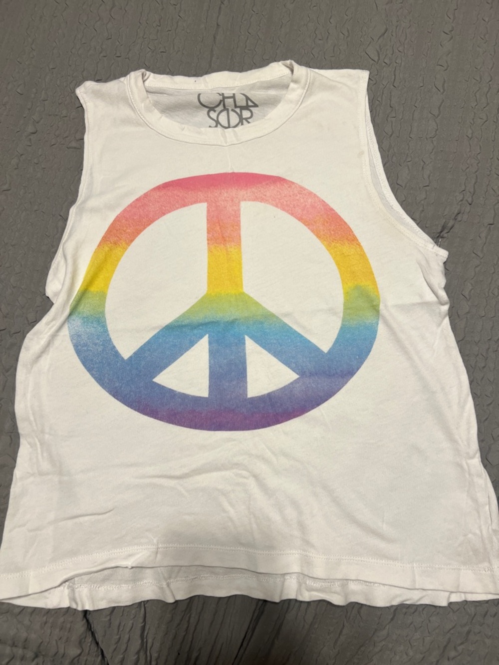 Chaser White Muscle Tee with Rainbow Peace Sign